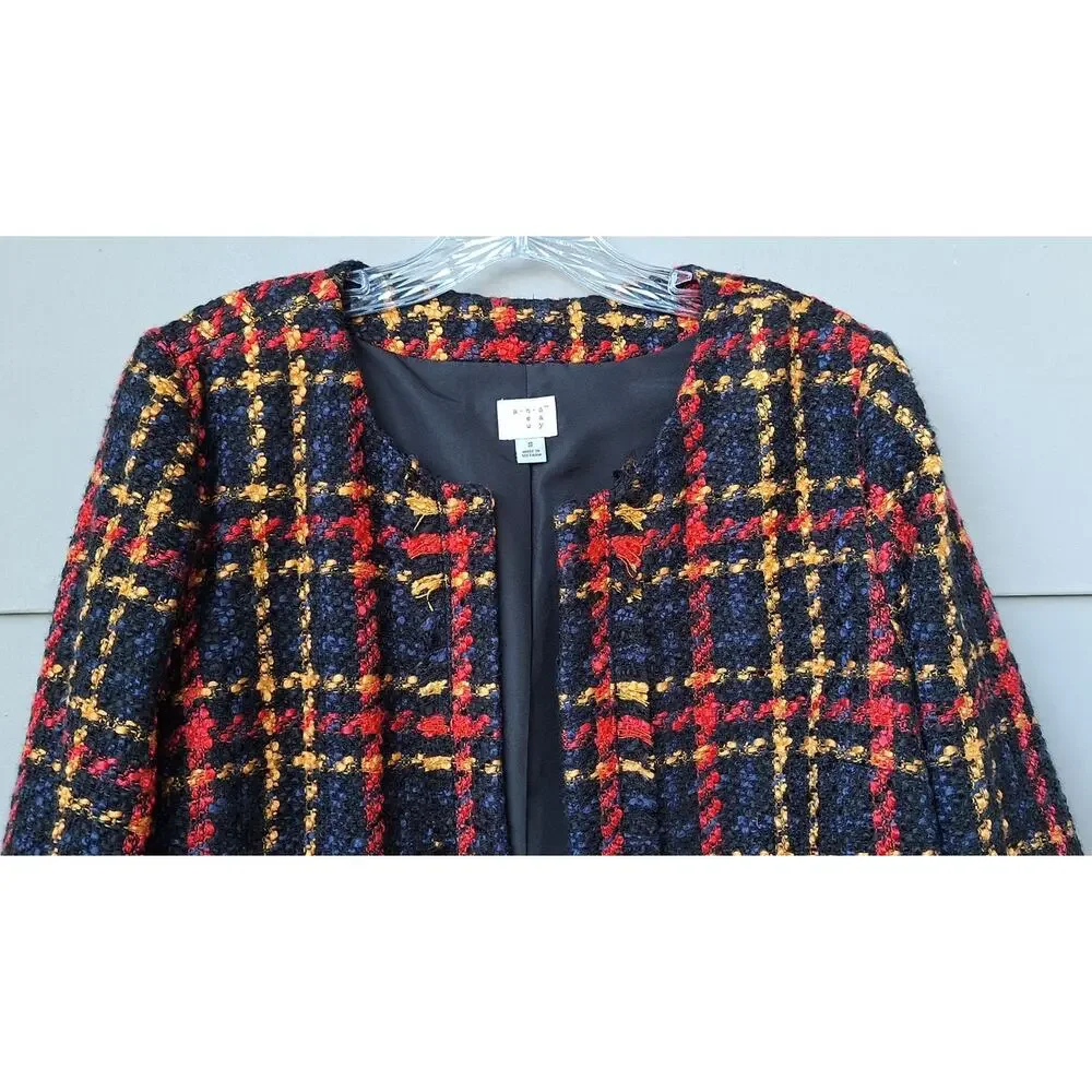 Tweed Bouclé Lady Jacket Fall Winter Blazer Plaid Black Orange-Red Yellow Size S